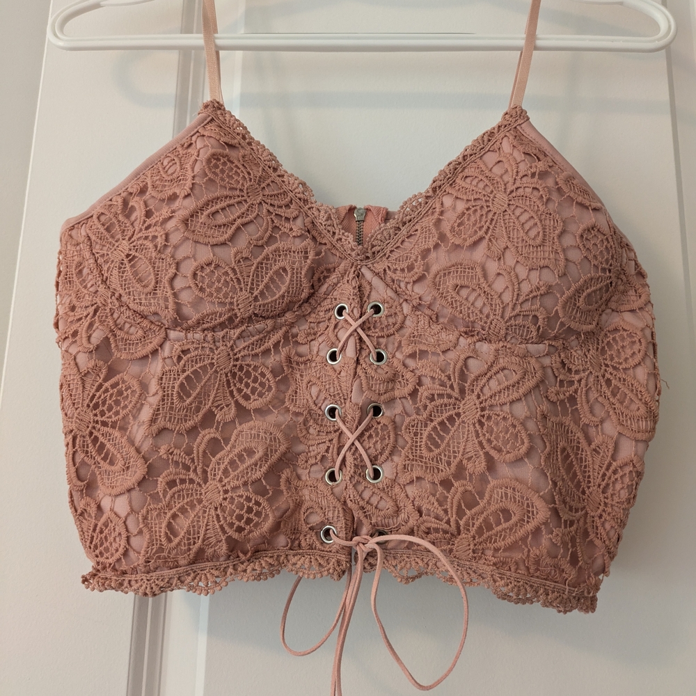 Lace-Up Floral Lace Crop Top